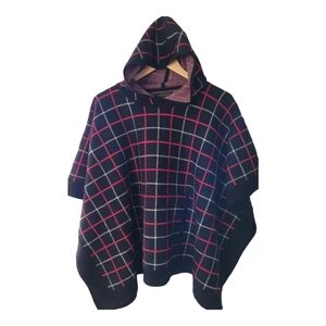 Tahari Black Red and White Window Pane Plaid Hooded Poncho Style Swtr One Size